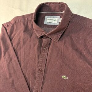 Lacoste Men's Slim Fit Button Up Size XL Burgundy Textured Long Sleeve Croc Logo